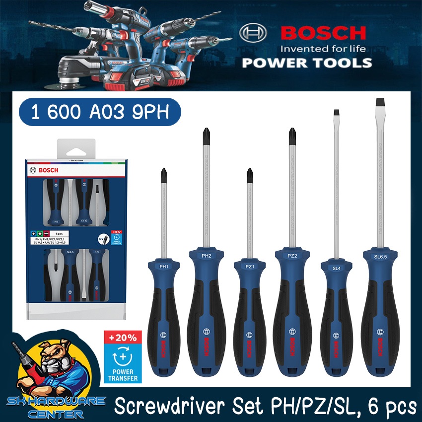 BOSCH  ชุดไขควง  6 ชิ้น  PH 1,2 /PZ 1,2 /SL 4,6.5 Screwdriver Set PH/PZ/SL, 6pcs รหัส 1 600 A03 9PH