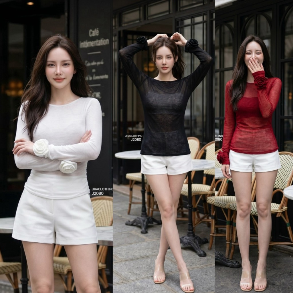 J2080 JiraClothing เสื้อแขนยาวผ้าซีทรู ดีเทลดอกกุหลาบ