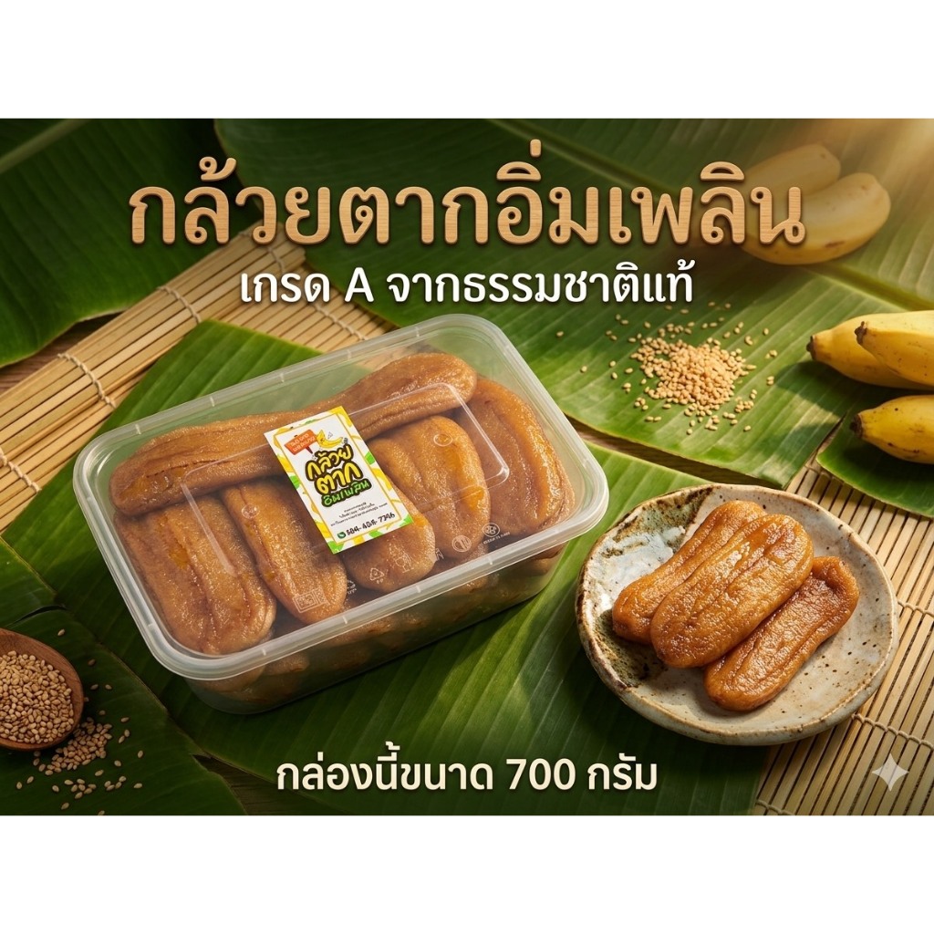 กล้วยตากแบนเกรดพรีเมี่ยม [ ขนาด 700 กรัม ] ผลิตจากกล้วยน้ำว้าสายพันธุ์มะลิอ่องคัดพิเศษเนื้อนุ่มหนึบ
