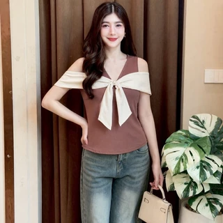 เสื้อแฟชั่น ผ้าวูลเวฟ สไตล์เวียดนาม คอวี เว้าไหล่ ดีเทลแต่งโบว์ ติดกระดุม ใส่แมท LG258