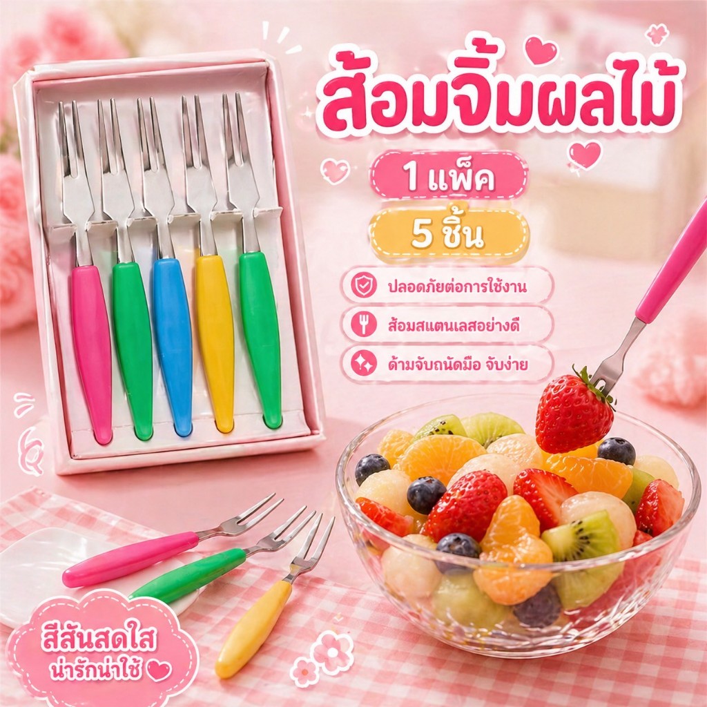 🍴 ส้อมจิ้มผลไม้แฟนซี (แพ็ค 5 ชิ้น) – คละสีสดใส น่ารักน่าใช้