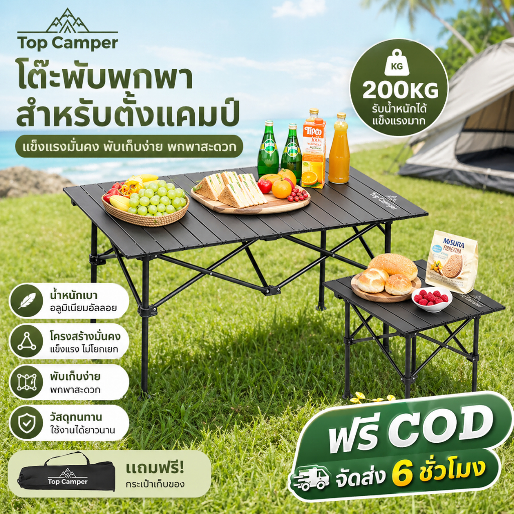 2026 Topcamper โต๊ะแคมป์ปิ้ง 35/53cm โต๊ะปิคนิคอลูมิเนียมพับได้ แบบพกพา กลางแจ้ง โต๊ะพับแคมป์ปิ้ง