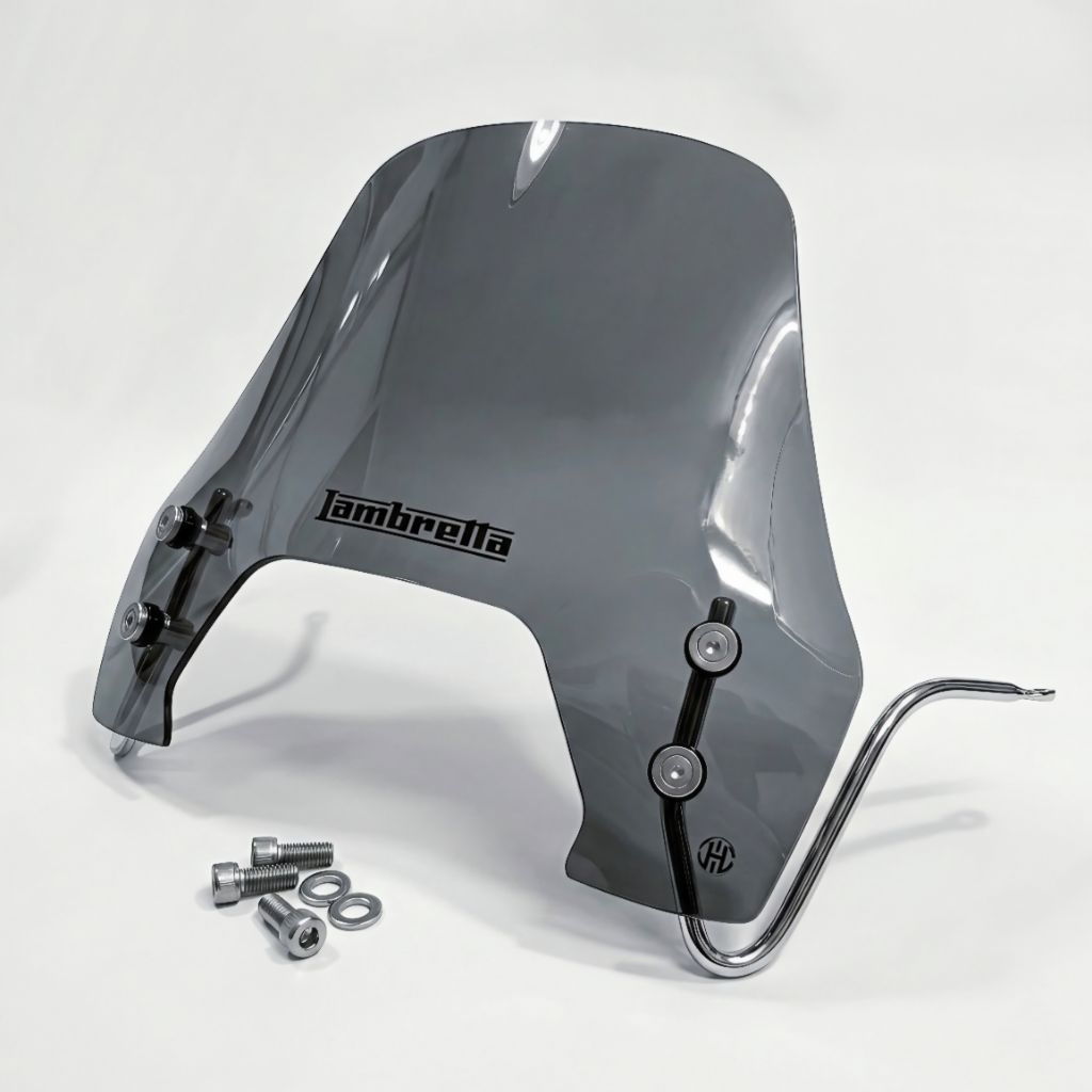 HTชิวหน้า ชิวบังลม Lambretta X300 X200 ขาสแตนเลสขนาด10mm.ยึดบนไม่ต้องเจาะ กระจกหนา3.3และ3.5mm(แถมสกรูยึดรูกระจกทุกชุด)