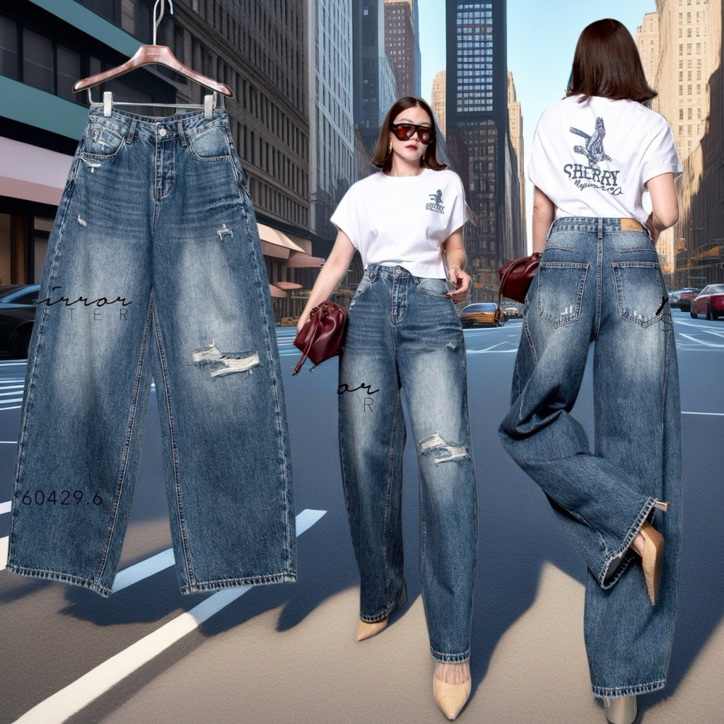 MirrorsisteR 60429.6 กางเกงยีนส์ทรงBarrel ฟอกสี Denim Blue