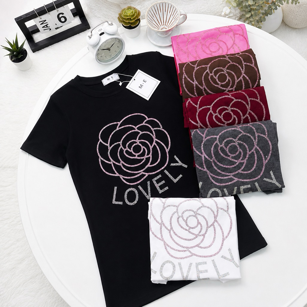 เสื้อยืดคอกลมแขนสั้น รีดเพชรลายดอกไม้ LOVELY ป้าย ME