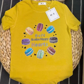 เสื้อยืดคอกลมแขนสั้น รีดเพชรลายมาการองเพชรหลายสี ป้าย ME