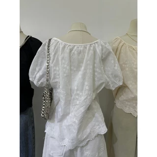 M2130 เสื้อปักลายฉลุแขนตุ๊กตา สไตล์วินเทจหวานละมุน