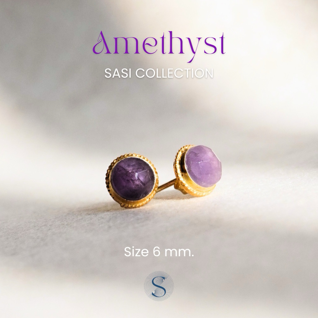 SASI - Amethyst ต่างหูเงินแท้ ชุบทอง18k จักระ7 พลังงานเสริมสมาธิ ความนิ่งความสงบ สติปัญญา และการทำสมาธิ
