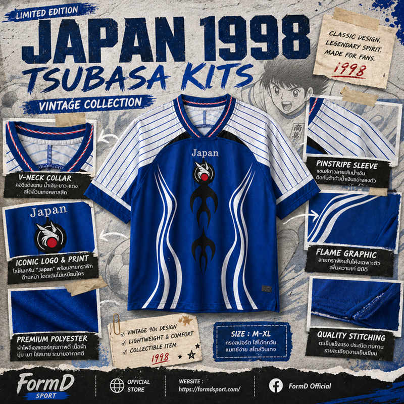 เสื้อฟุตบอลทีมชาติญี่ปุ่น ต้อนรับฟุตบอลโลก คอลเลคชั่น 1998 ลายไฟ ใส่สบาย ส่งจากไทย มีไซด์ใหญ่ S-4XL