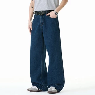 Baggy S-5XL กางเกงยีนส์ขายาวทรงตรงสีน้ำเงินเข้มแบบดิบๆ สำหรับผู้ชาย สวมใส่ได้หลายโอกาส