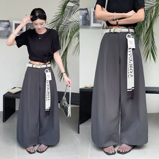 Reallyshops #9509(K) กางเกงขาวยาวทรงกระบอกใหญ่+เข็มขัดแต่ง เอวยางยืด ผู้หญิง พร้อมส่ง