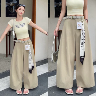 Reallyshops #9509(K) กางเกงขาวยาวทรงกระบอกใหญ่+เข็มขัดแต่ง เอวยางยืด ผู้หญิง พร้อมส่ง