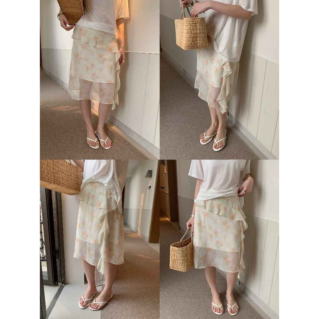 INBYIN - กระโปรงสามส่วนผ้าพริ้วลายดอก FLOWER PETAL SKIRT - I3674