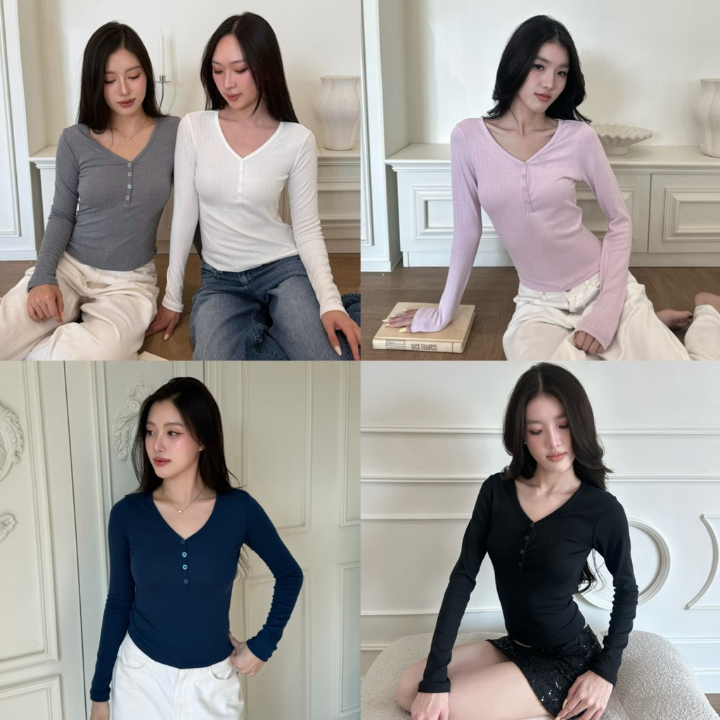 Henley top by shewear.bkk เสื้อแขนยาวผ้าฉลุคอวี แต่งกระดุม