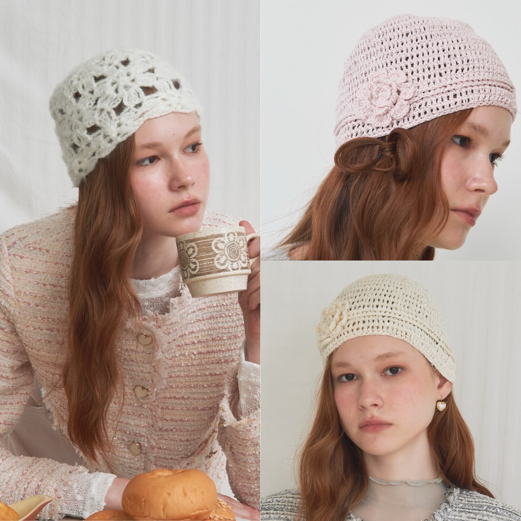[umore.made] Niche crochet beanie หมวกไหมพรมถักลายดอกไม้ สไตล์ hand-knit vintage cottage