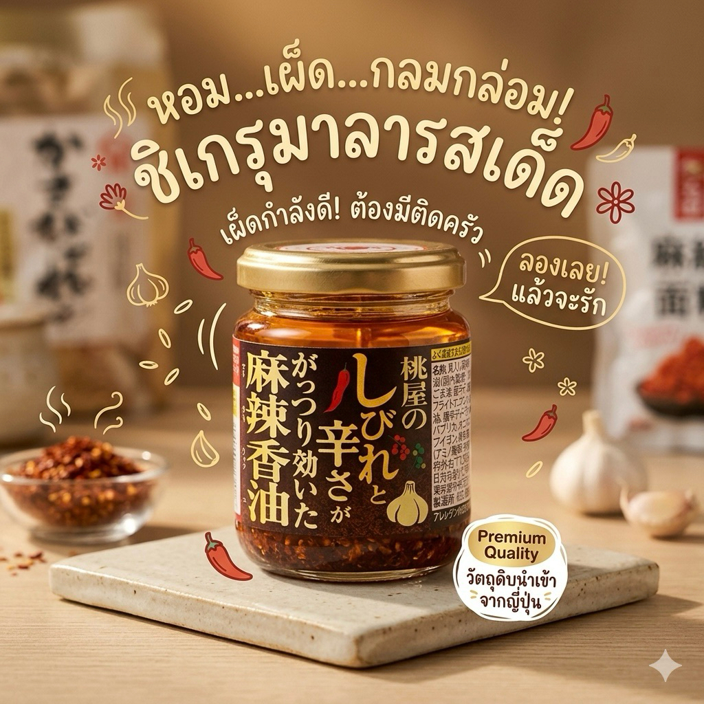 "น้ำมันพริกหม่าล่า Momoya" ตัวนี้เป็นเครื่องปรุงยอดฮิตจากญี่ปุ่นที่สายเผ็ดชาต้องมีติดบ้านไว้เลย