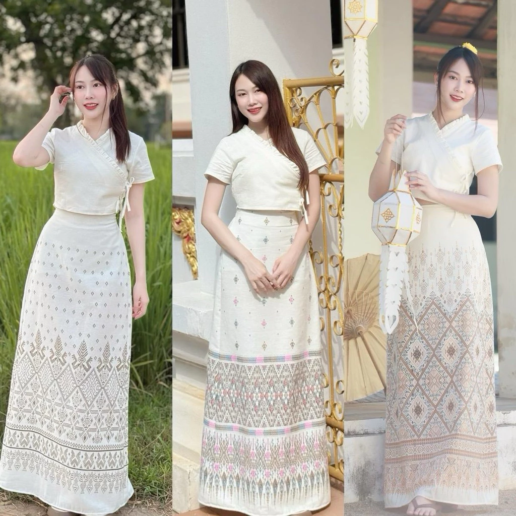 TANTANOD -รหัสTL6 ชุดเซต เสื้อไขว้ผูกข้าง กระโปรงยาวลายพญานาค(ผ้าฝ้าย) รุ่นPrakaydaw