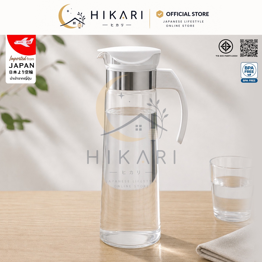 HIKARI เหยือกน้ำแก้ว 1.4 ลิตร เหยือกน้ำแก้วหนา เหยือกน้ำทนความร้อน มีสเกล เหยือกน้ำใส่ตู้เย็น มีด้ามจับ มาตรฐานญี่ปุ่น
