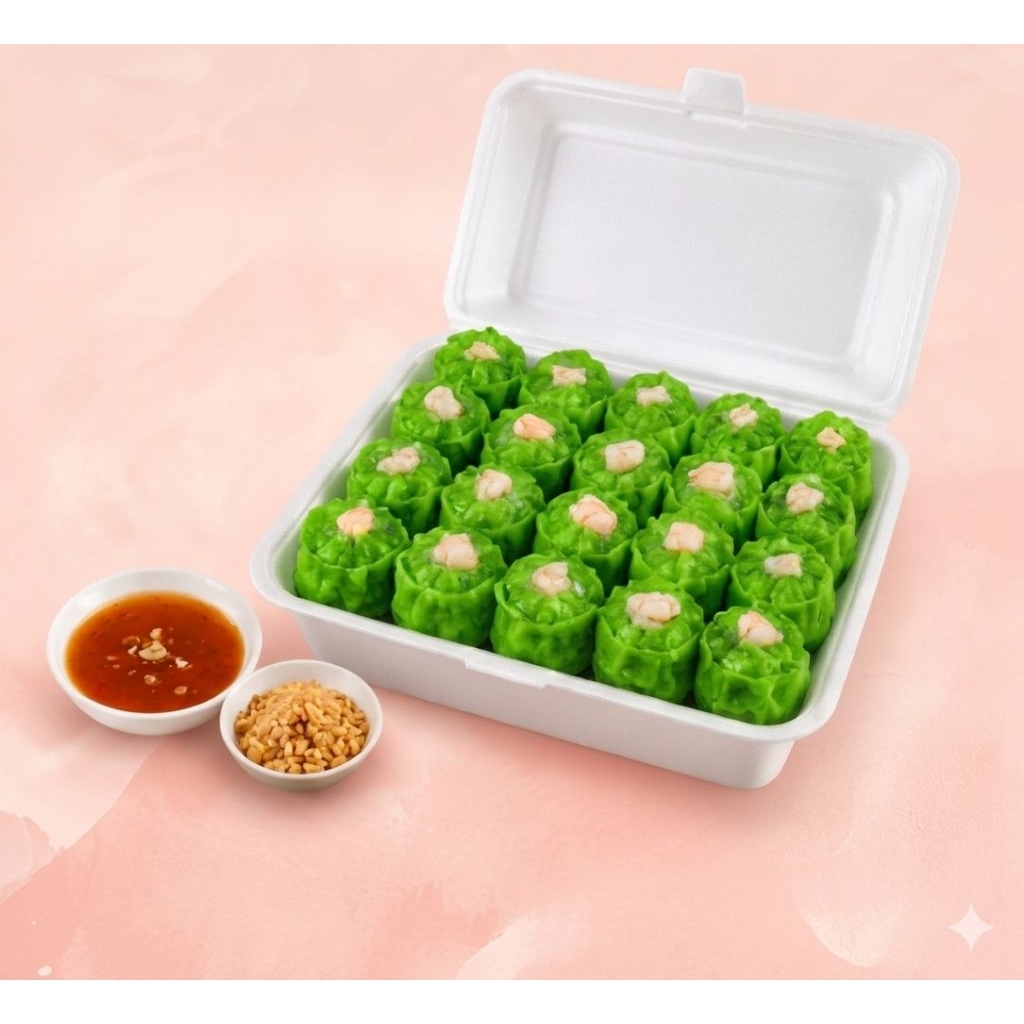 ขนมจีบกุ้งแพ็คละ 20 ลูก 320 กรัมพร้อมน้ำจิ้มและกระเทียมเจียว บรรจุกล่องโฟม
