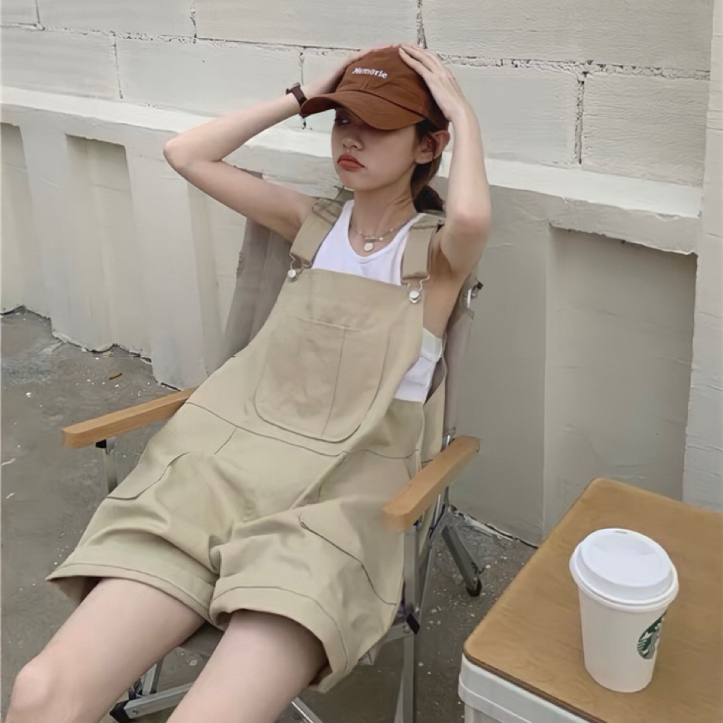 เอี้ยมกางเกงขาสั้น 3 กระเป๋า Mini Overalls ผ้าแคนวาสอะไหล่เหล็กปรับได้ น่ารักมาก #เอี๊ยมขาสั้น