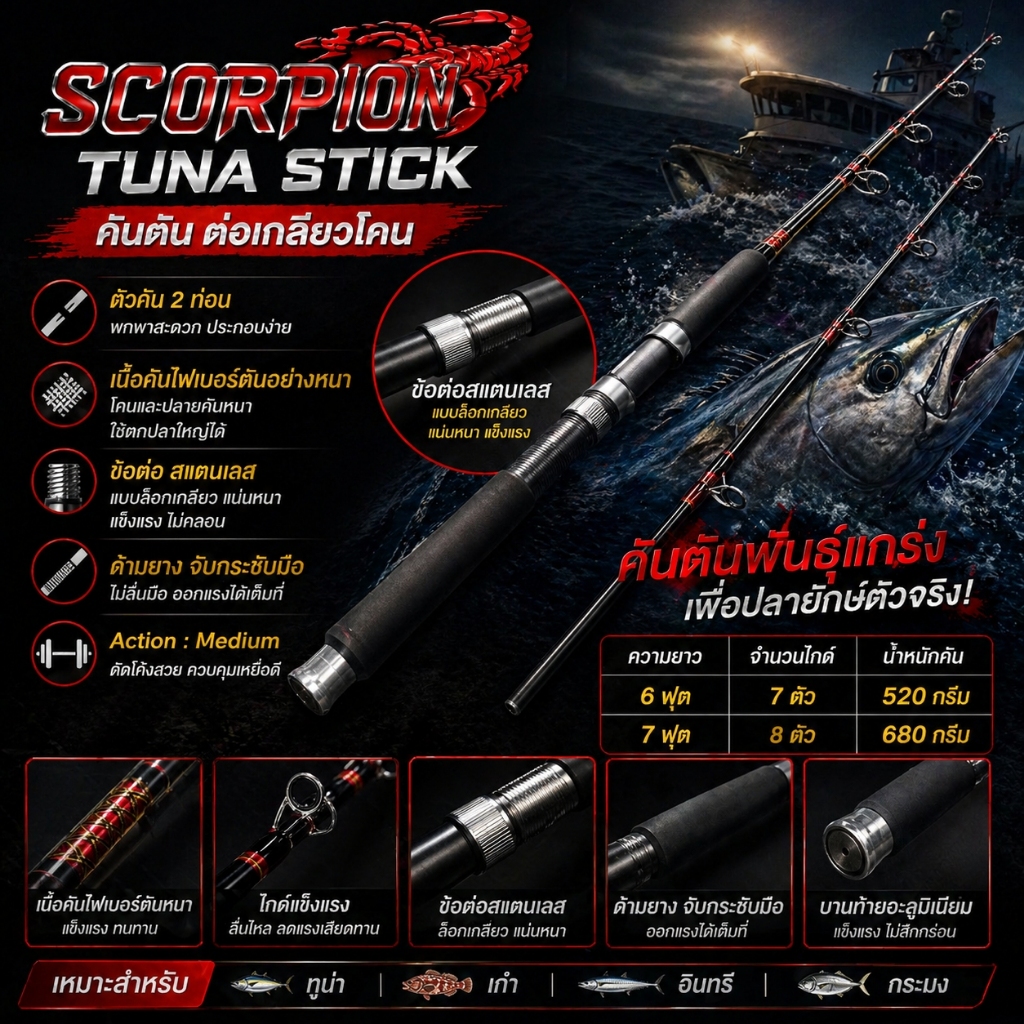 ของแท้ คันเบ็ดตกปลา คันตัน ต่อเกลียวโคน Scorpion Tuna