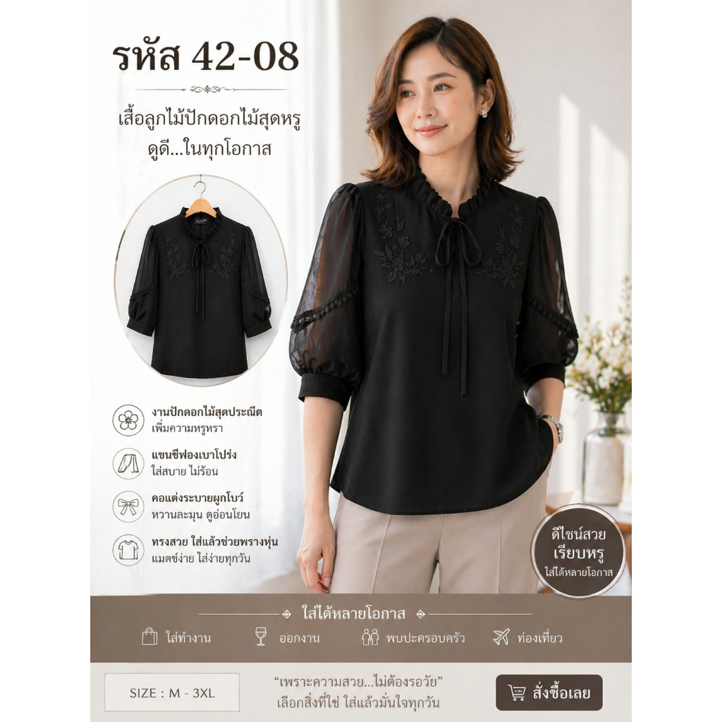 เสื้อแฟชั่นสีดำ ผ้าฮานาโกะ ซีฟอง งานปักเรียบหรู ทรงสุภาพ ใส่ได้ทุกโอกาส ใส่ออกงานได้