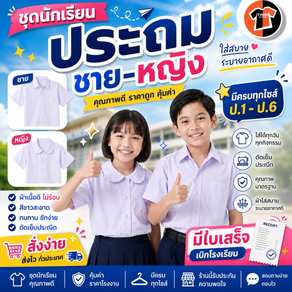 ขายส่ง เสื้อนักเรียน ประถม หญิง/ชาย มีทุกไซส์ ตราสุภาพร ((มีใบเสร็จเบิกโรงเรียน))