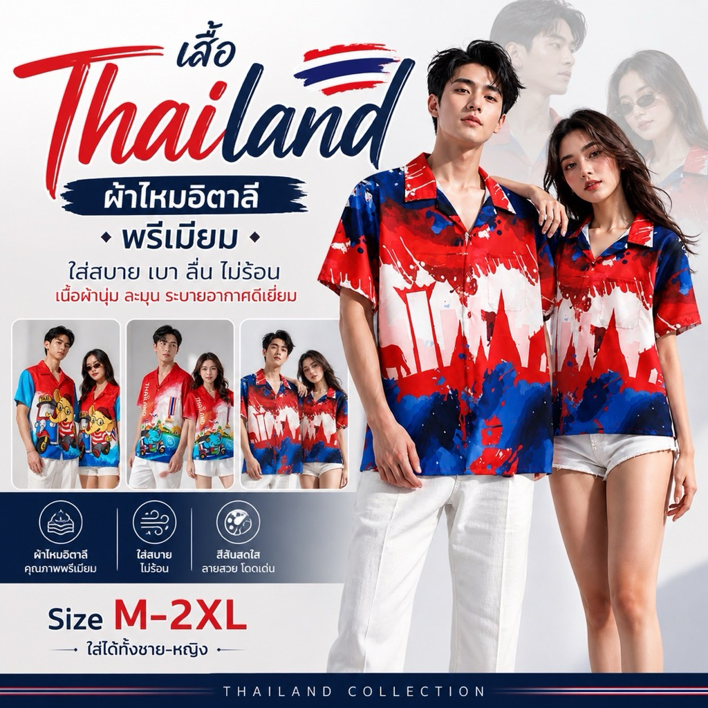 เสื้อฮาวาย – ลายประเทศไทย THAILAND ผ้าไหมอิตาลี นุ่ม เบา ใส่สบาย