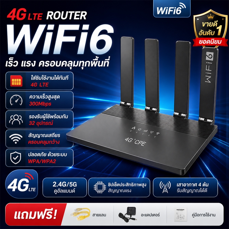 4G Router WiFi6 ใส่ซิมได้ ปล่อยเน็ตแรง รองรับทุกเครือข่าย 300Mbps+ เสถียร เสา4ต้น สัญญาณแรง ใช้ในบ้าน/ร้านค้า ติดตั้งง่า