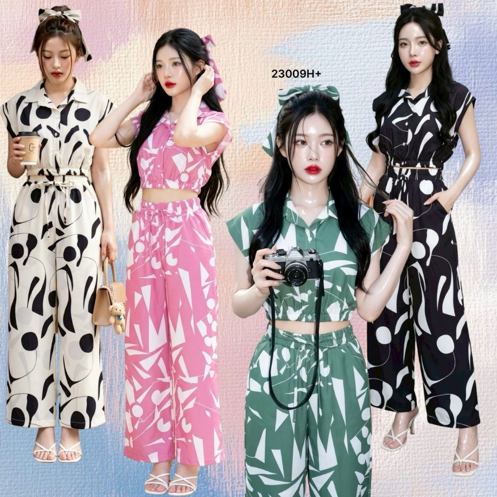 Set 3 ชิ้น เสื้อช้างปกใหญ่ แขนพอง + กางเกงช้างขายาว กับ สายผูก TT22806
