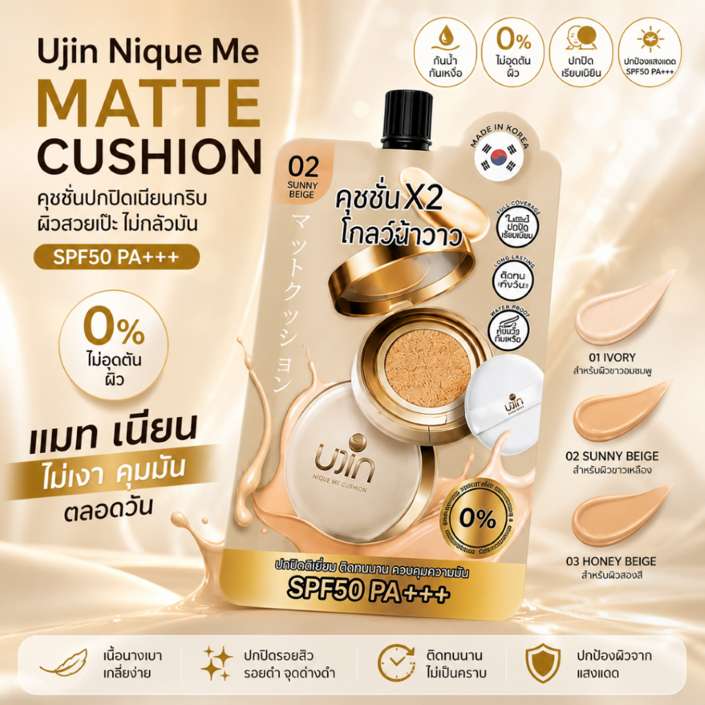 Ujin Nique Me Glow Cushion คุชชั่นเนื้อโกลว์ ปกปิดรอยดำ กันน้ำคุมมัน SPF50PA+++(ซองขาว)