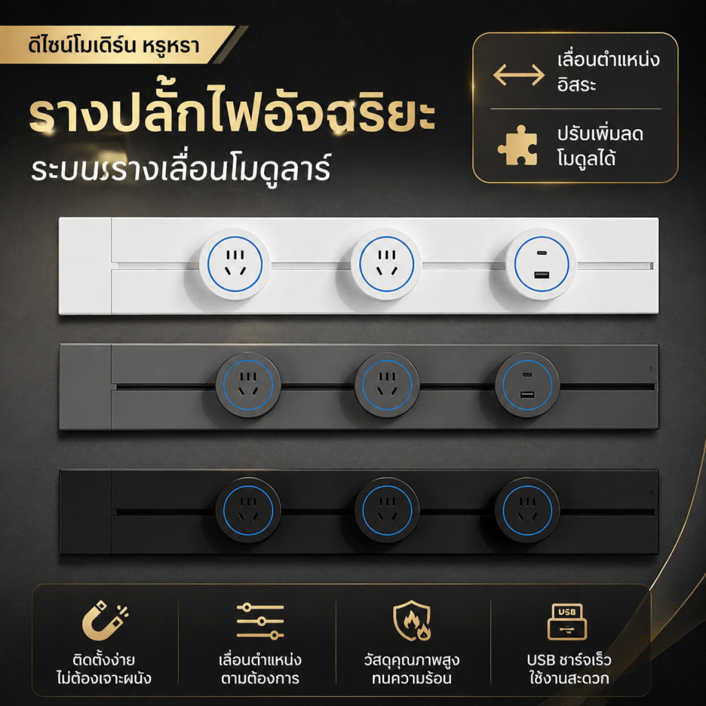 รางปลั๊กไฟอัจฉริยะ รางปลั๊กไฟอัจฉริยะ โมดูลาร์ เลื่อนได้ ปรับตำแหน่งอิสระ ปลอดภัยสูง ดีไซน์มินิมอล