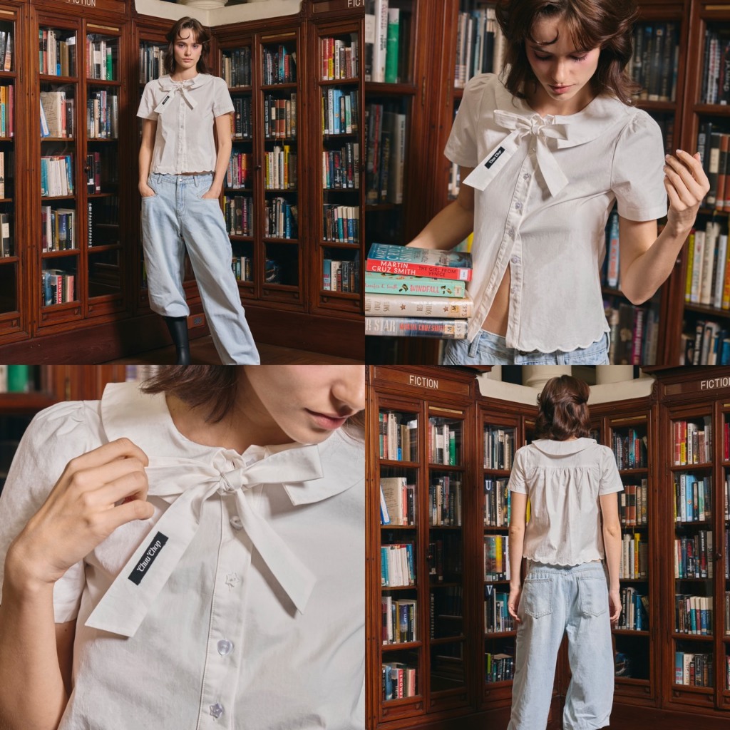 CHUUCHOP - (S-4XL) Peony Shirt เสื้อเชิ้ตแต่งโบว์  ผ้า Cotton เก็บทรงสวย ได้ทั้งลุคทางการและวันสบายๆ (C8580)