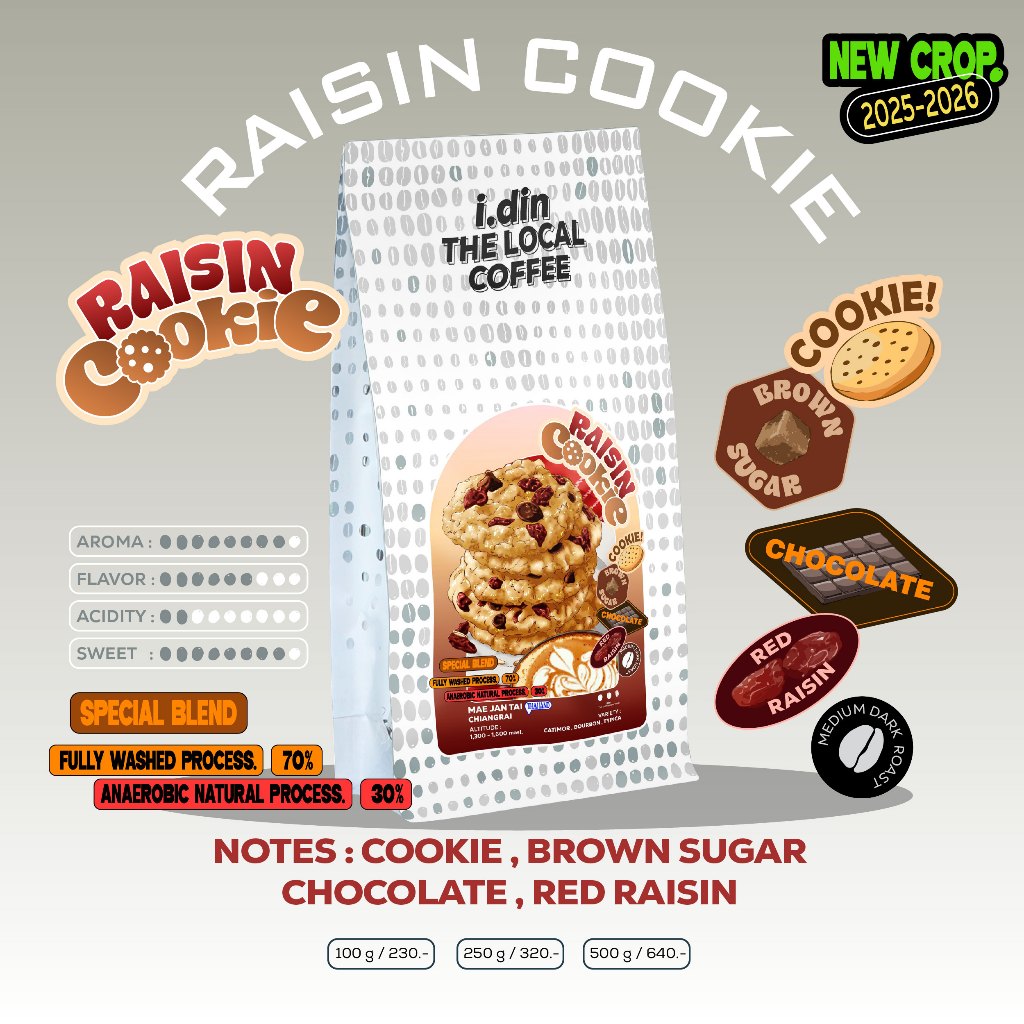 RAISIN COOKIE ,SPECIAL BLEND (27.05.69) Medium Dark เมล็ดกาแฟคั่ว ,เชียงราย THAILAND /100% Arabica