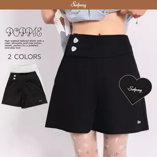 Poppie_SP125 กางเกงขาสั้นเอวสูง ซิปหลัง ป้ายข้าง กระดุมหัวใจ ใส่สบายสไตล์เกาหลี