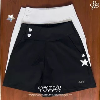 Poppie_SP125 กางเกงขาสั้นเอวสูง ซิปหลัง ป้ายข้าง กระดุมหัวใจ ใส่สบายสไตล์เกาหลี