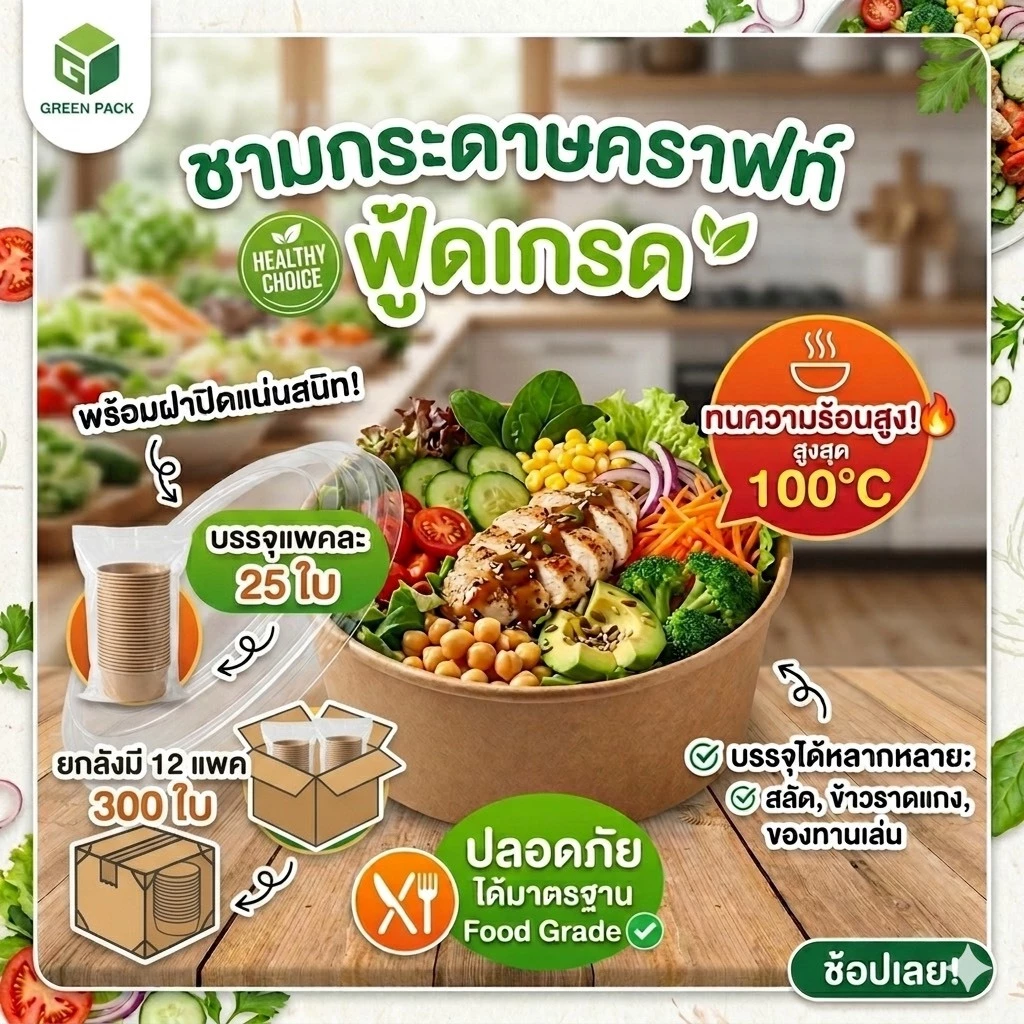 [ยกแพค] ชามกระดาษ Food Grade เข้าไมโครเวฟได้ ขนาด 500-1500 ml. ชามกระดาษคราฟท์ พร้อมฝา OPS รุ่นพิเศษไอน้ำไม่เกาะ