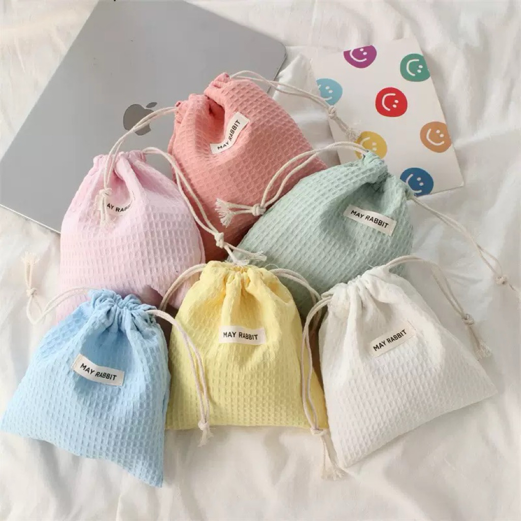 กระเป๋าผ้าใบเล็กหูรูด 🌸สีพาสเทล 🍋สีอ่อนสวย ผ้าวาฟเฟิล ใส่สิ่งของเล็กน้อยทั่วไป