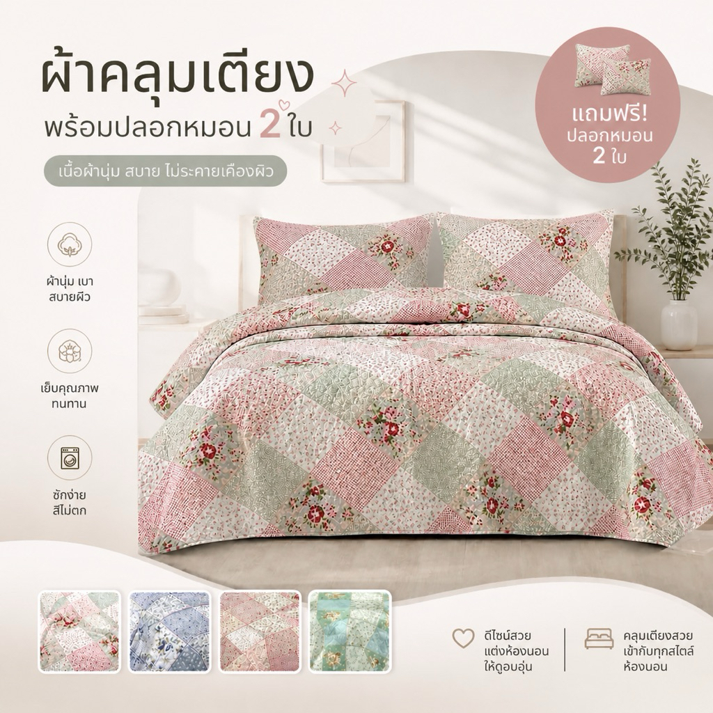 ผ้าคลุมเตียง 8 ฟุต ผ้านุ่ม ใช้ได้ 2 แบบ (คลุม/ห่ม) ซักเครื่องได้ คุ้มสุด