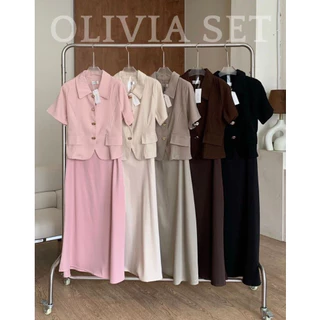 Olivia Set - 5 สี ชุดเซ็ทกระโปรงยาว ชุดเซ็มกระโปรงยาวงานป้าย เสื้อคอปกแขนสั้นแต่งกระดุมหน้า เรียบหรู BETTY (B066)
