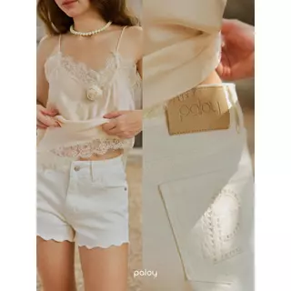 Paloy - PL6321 Sunday Shorts กางเกงยีนส์ขาสั้นผ้ายืด ปลายขาปักหยัก ด้านหลังกระเป๋าปัก Logo