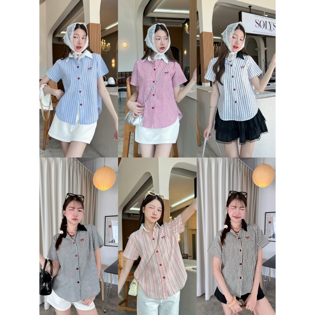 maybeshop🦋เสื้อเชิ้ตคอปกแขนสั้นลายทางกระดุมหน้าแต่งคอปกตัดสีงานปักโบว์