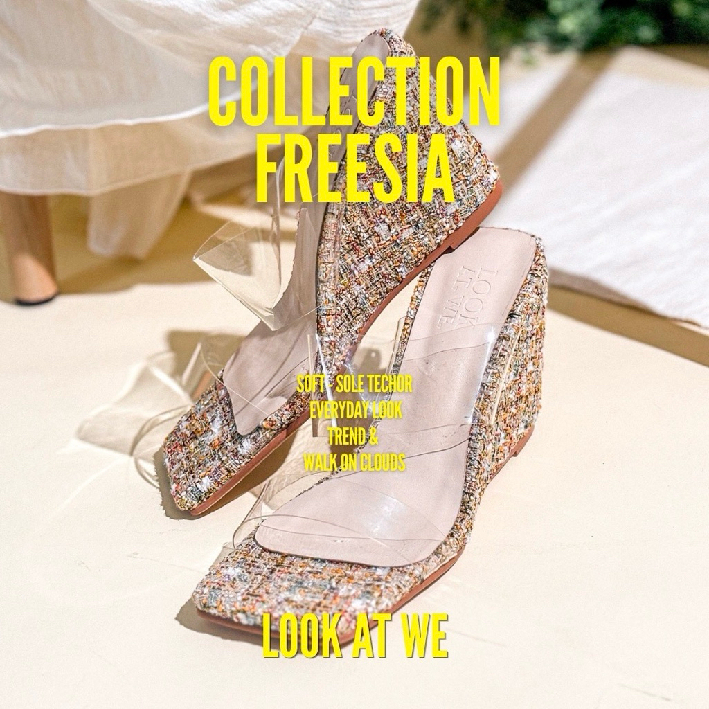 Freesia Wedge Sandals รองเท้าส้นเตารีด 2.75 นิ้ว ใส่แล้วขาเรียว | สี Beige / Pink Tweed | ไซซ์ 35-42