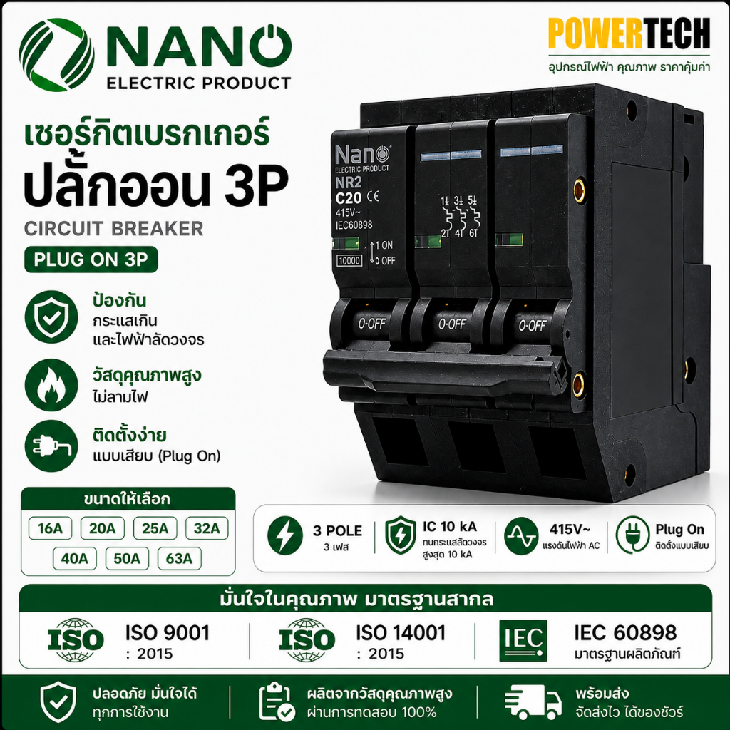 3P เซอร์กิต เบรกเกอร์ ปลั๊กออน NANO Plug-on 3Pole รุ่น NP3C16 NP3C20 NP3C32 NP3C40