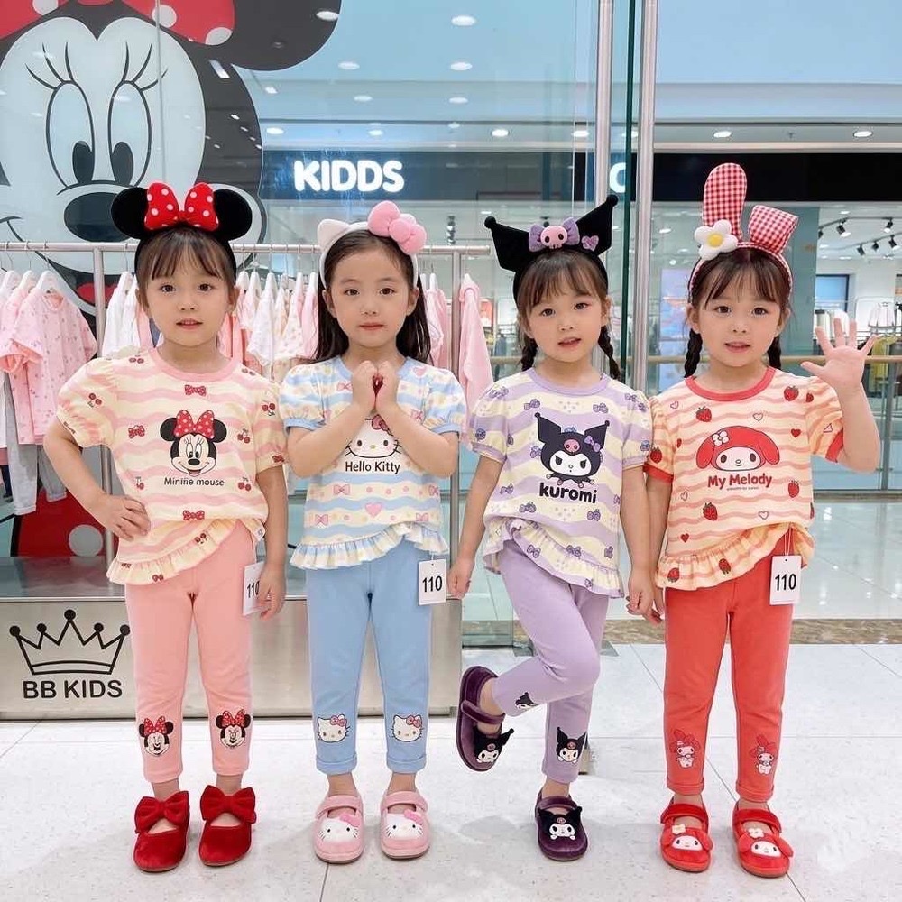 ป้าย BBkids ชุดแขนสั้นขายาว ลายทางการ์ตูน ผ้านิ่มยืดเด้ง