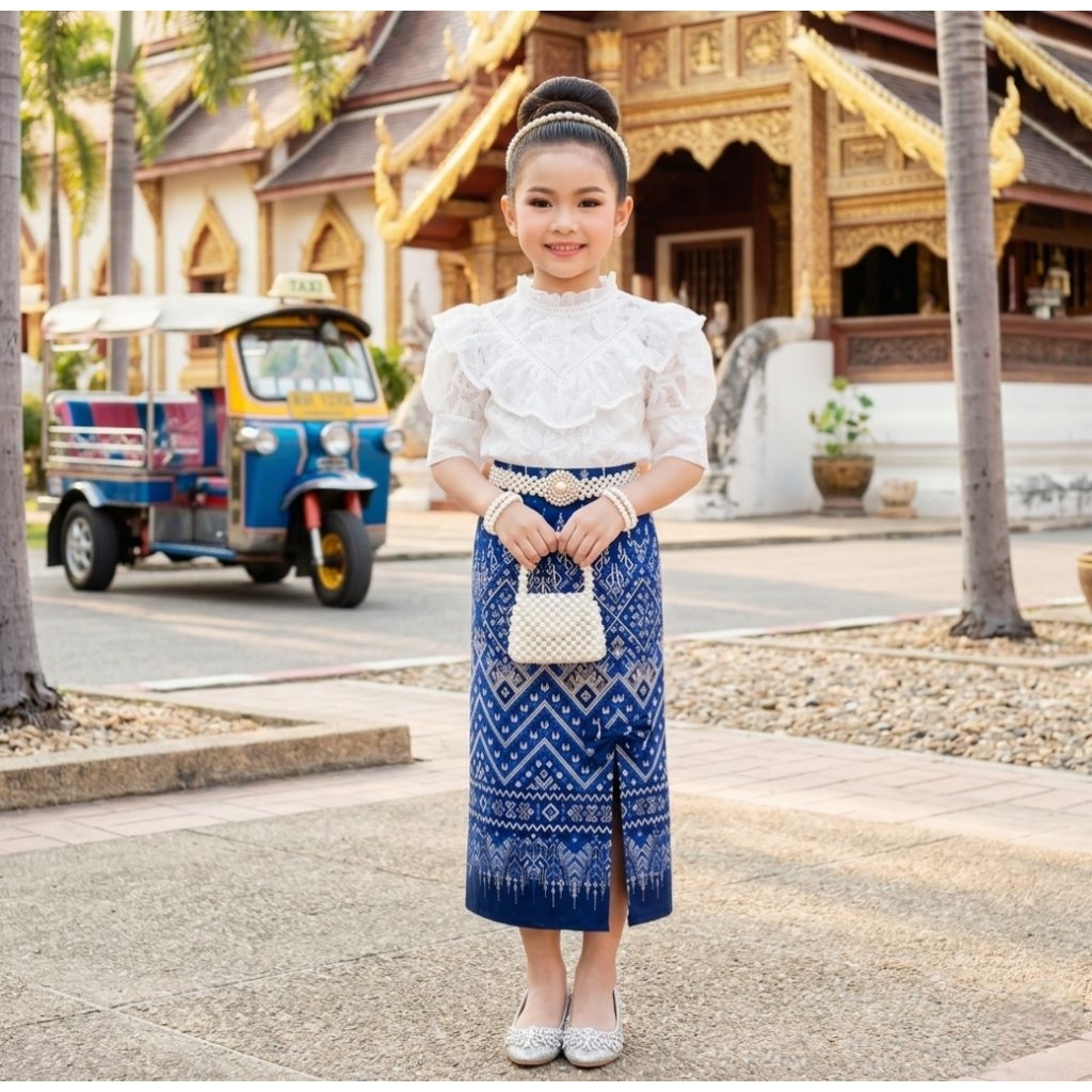 ชุดไทยเด็ก รุ่นเสื้อลูกไม้ระบายอกแขนสามส่วน+ผ้าถุง **ไม่รวมเครื่องประดับ**