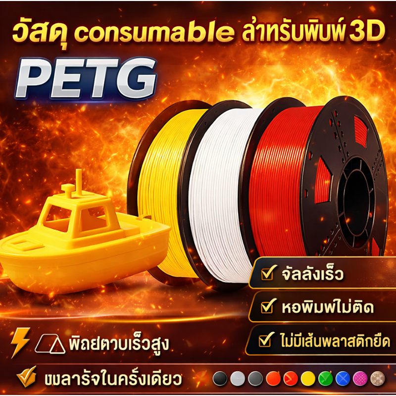 เส้น PETG 1.75mm 1kg มีความเหนียว แข็งแรง ทนความร้อน พิมพ์แล้วไม่บิดงอ สีพื้นฐานครบ ใช้กับเครื่องพิมพ์ 3D ทุกรุ่น พร้อมส