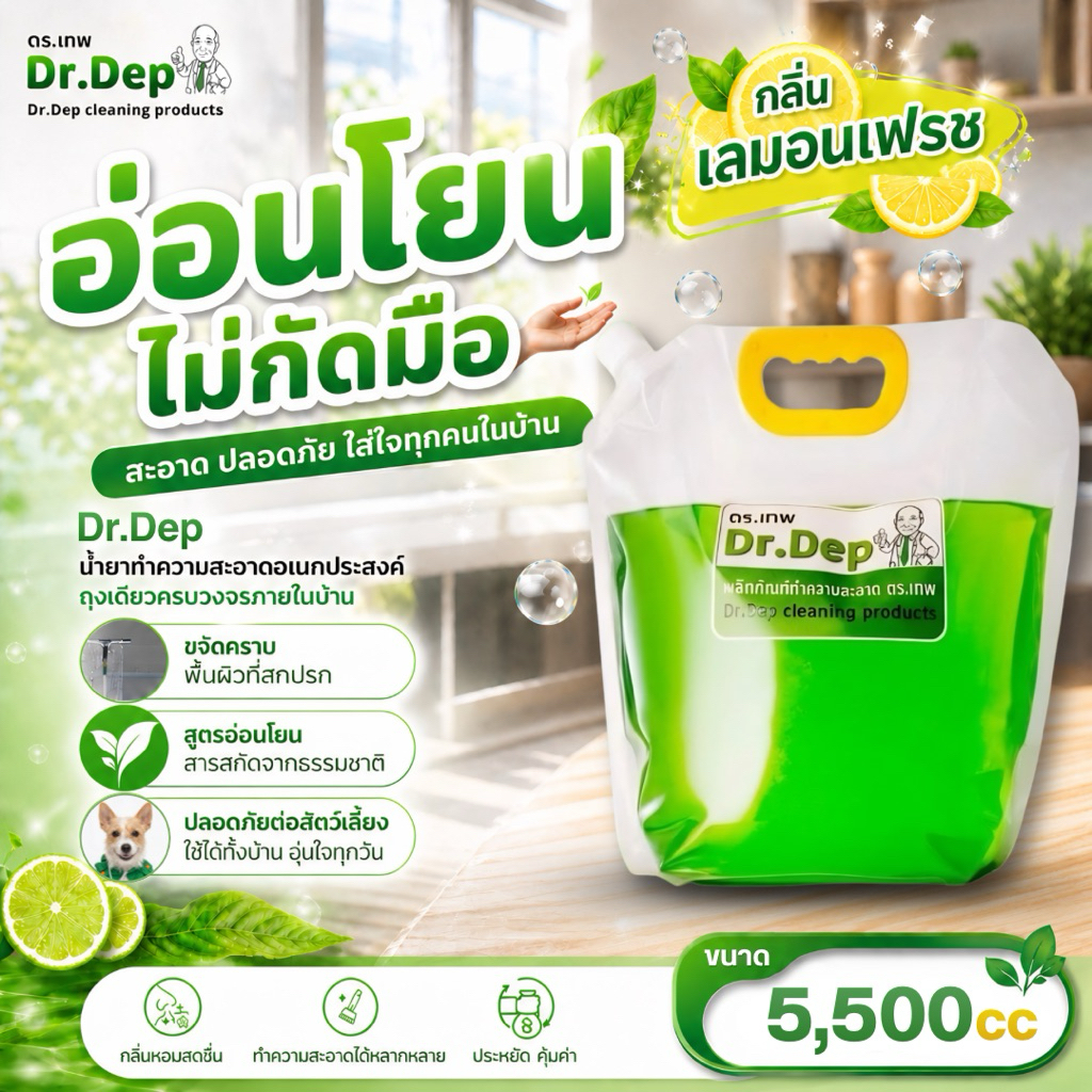 Dr.Dep ขนาด5500cc น้ำยาทำความสะอาดอเนกประสงค์ สูตรสกัดจากธรรมชาติ เข้มข้น ประหยัด ไม่กัดมือ
