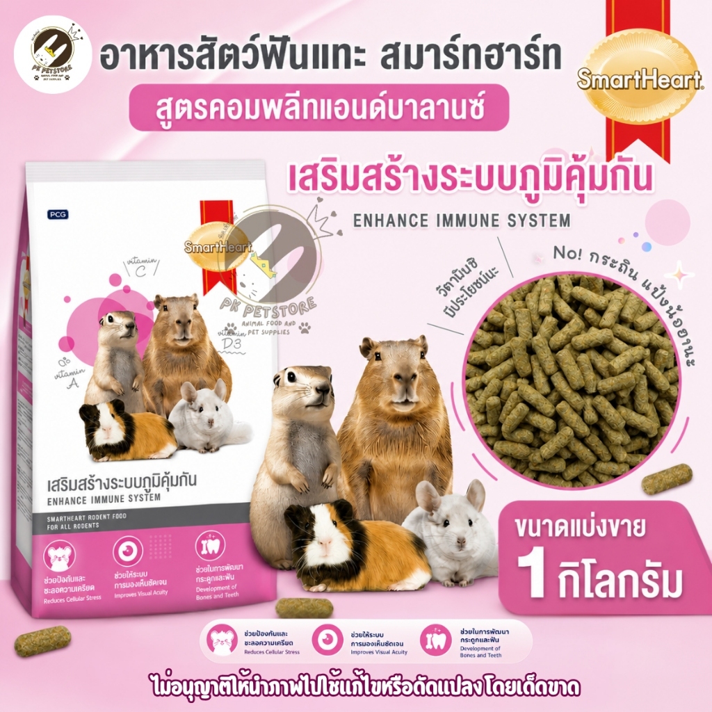 SmartHeart อาหารสัตว์ฟันแทะ[ขนาดแบ่งขาย] สูตรคอมพลีทแอนด์บาลานซ์ สำหรับสัตว์ฟันแทะ หนูตะเภา หนูแกสบี้ และชินชิลล่า