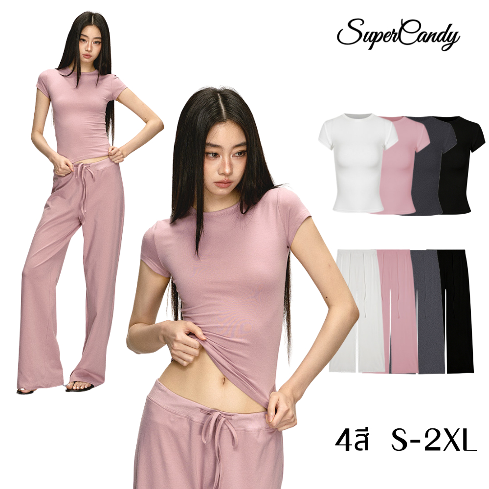 SuperCandy🌷สีทึบสบายๆสไตล์กีฬาชุดสูทกางเกงแขนสั้นผู้หญิงฤดูร้อนใหม่หลวมผ้าม่านตรงกางเกงชุดสองชิ้น